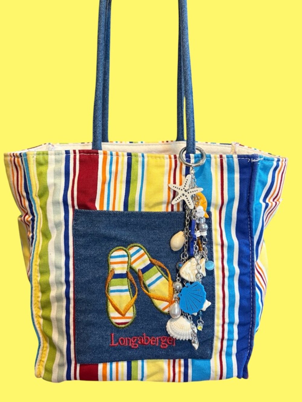 LONGABERGER COLORFUL STRIPED SMALL TOTE WITH BAG CHARM